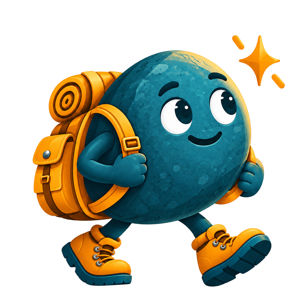 The smiling RoamPebble explorer with a golden backpack and hiking boots